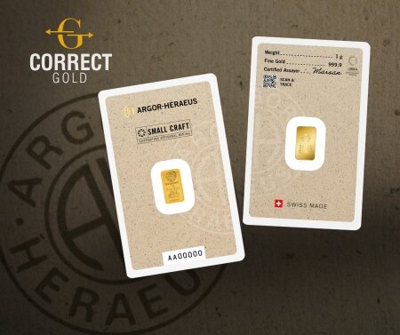 Argor-Heraeus Small Craft 1 gramm befektetési aranylemez. Nyomon követhető, kisléptékű bányákból származó prémium befektetési arany a Correct Goldnál  | © Correct Gold