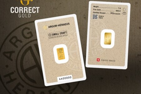 Argor-Heraeus Small Craft 1 gramm befektetési aranylemez. Nyomon követhető, kisléptékű bányákból származó prémium befektetési arany a Correct Goldnál  | © Correct Gold